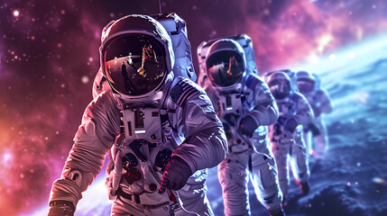 A group of astronauts working together on a space mission. They were wearing white astronaut suits.