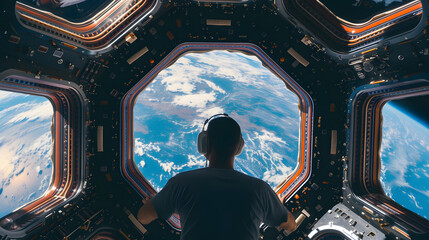 Astronauts watch Earth from the space station. Astronauts carry out missions in space, wearing astronaut suits that provide oxygen to breathe.