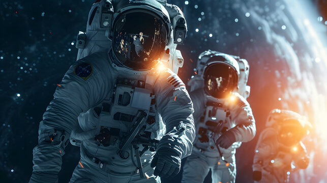 A Group Of Astronauts Working Together On A Space Mission. They Were Wearing White Astronaut Suits.