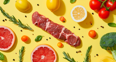 meats and vegetables on yellow background in