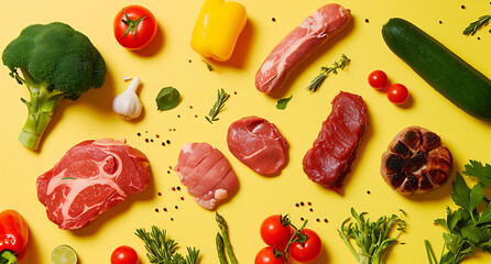 meats and vegetables on yellow background in