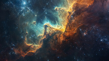 Fototapeta na wymiar A cosmic cliff ablaze with nebula embers against the tranquil expanse of space.