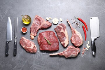 Fresh raw beef cuts, spices and butcher tools on light grey textured table, flat lay