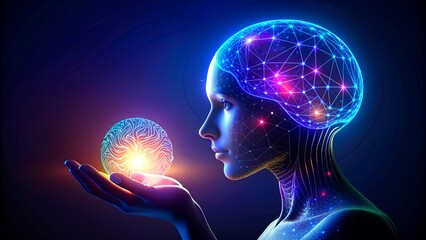 artificial intelligence neon brain in human hand technology background illustration 