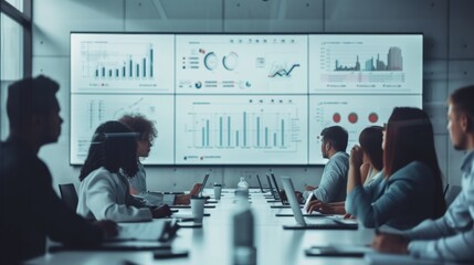 financial analysis with business charts and graphs on white board, team in conference room reviewing market, sales data