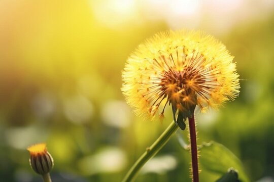 A dandelion flower with a blurred background and a hazy image of the dandelion in the foreground. Generative AI