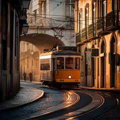 Fotobehang Historic quarter in the golden hour avintage tram withstone archways and balconies timeless journey  Generative AI © Zazu