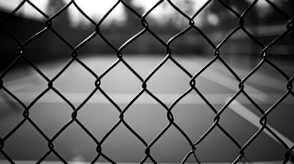 Tennis Court View Through Fence, Black and White Photo