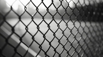 Fototapeta premium Black and White Photo of Chain Link Fence in Urban Setting