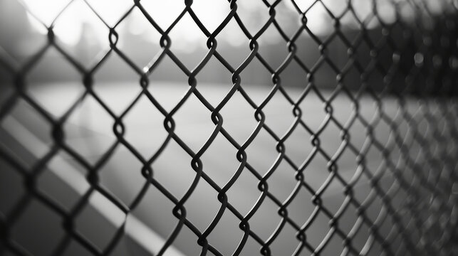 Black and White Photo of Chain Link Fence in Urban Setting