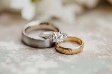 Obraz na płótnie Canvas Wedding rings on the background of spring flowers. Wedding details.