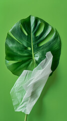 Monstera Leaf with Tissue Overlay on Green Background