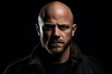Portrait of a bald man in a leather jacket on a black background