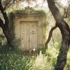 Old wooden door in an olive grove in spring. Retro style toned