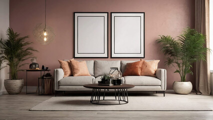 Modern living room with red wall, sofa and coffee table. 3d render