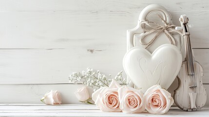 Fototapeta na wymiar Valentine's Day background with white roses and vintage wooden heart on white background
