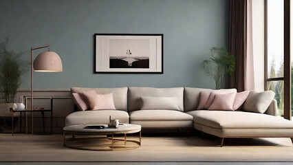 Modern living room with red wall, sofa and coffee table. 3d render