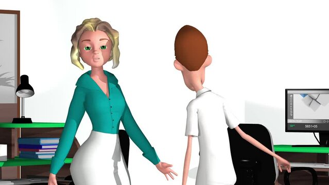 3d animation, two cartoons characters speaking on office near a desk and a screen computer displaying a 3d animation.