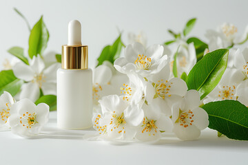 Obraz na płótnie Canvas A dropper bottle of essential oil is surrounded by fresh jasmine flowers and green leaves on a white background.