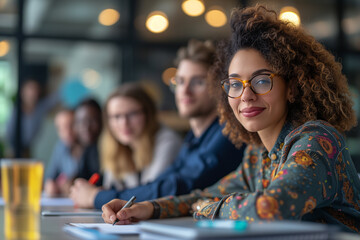 A vibrant creative professional with curly hair and glasses participates actively in a team workshop, surrounded by focused colleagues.