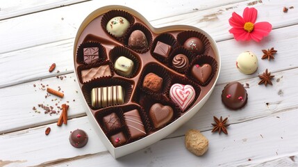 Box of assorted chocolates in heart shape on white wooden background