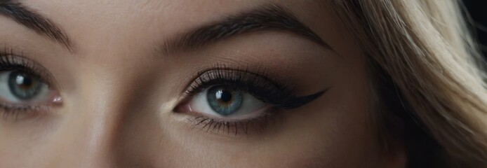Fototapeta premium Beautiful female blue eyes with cat eye makeup. Close-up. Smooth skin with natural makeup for eyelashes, eyebrows and eyelids. Part of the face. Eye makeup concept.