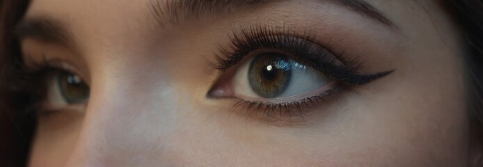 Beautiful female green eyes with cat eye makeup. Close-up. Smooth skin with natural makeup for eyelashes, eyebrows and eyelids. Part of the face. Eye makeup concept.