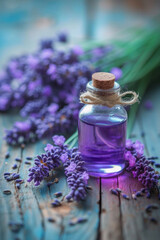 Lavender oil in a transparent bottle with a cork, surrounded by fresh lavender blooms on an aged wooden surface.