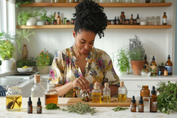African American woman creating essential oil blends in a bright, plant-filled home apothecary. - Powered by Adobe