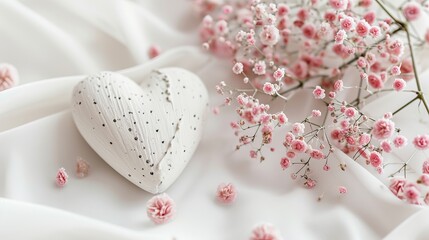 Wedding background with wooden heart and gypsophila flowers