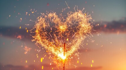 Fototapeta premium heart shaped sparkler on sky background, valentine's day
