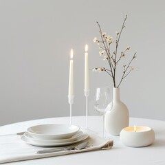 Elegant table setting with burning candles, plates and cutlery on white tablecloth. Minimal style.