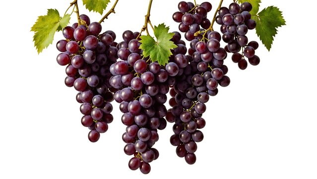 Isolated bunch of fresh, ripe grapes: a healthy, sweet, and juicy cluster of black, red, and purple berries on a white background, with leaves and vines