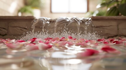 Rose petals and water splashes on a table in a spa