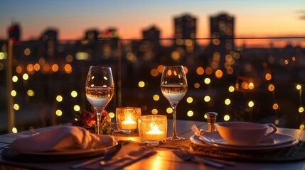 Romantic dinner with wine glasses on the terrace of a restaurant.