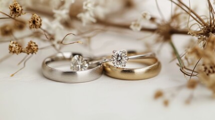 wedding rings on a white background with dried flowers, selective focus
