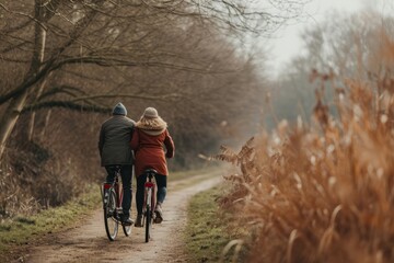 Fototapeta premium Young couple riding bikes in the countryside on a foggy day.