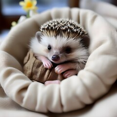 A tiny hedgehog  taking a cozy nap. Generative AI.