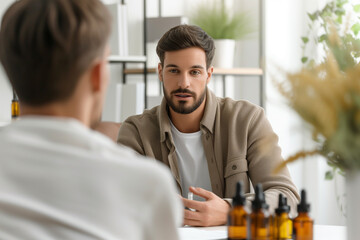 a male caucasian therapist consulting a client on the best essential oils for sleep improvement, with white office space