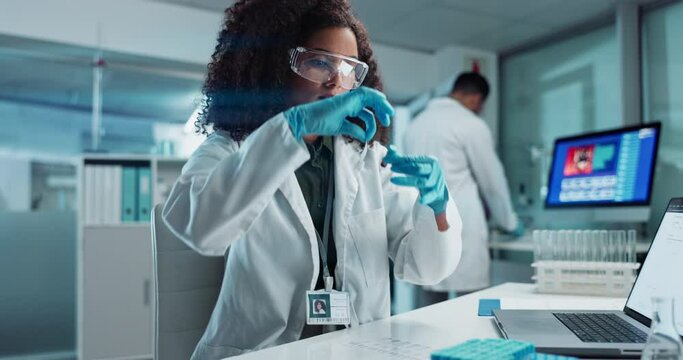 Woman, scientist or blood vial for testing in laboratory, healthcare or pathology to label on test tube. Biotechnology, pharmaceutical and laptop by doctor and online scientific results in phlebotomy