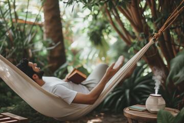a man relaxing in a hammock with a book and a diffuser releasing eucalyptus oil nearby. an essential oil diffuser in a lush garden, concept of peace and nature.