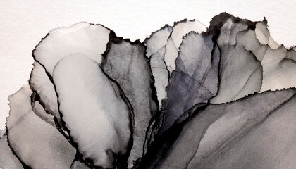 dark gray / black alcohol ink flow on vintage paper, wash texture on white paper background / wallpaper, macro photo