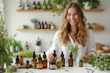Smiling woman blending essential oils in her workshop, surrounded by plants and bottles, concept of natural skincare production. - obrazy, fototapety, plakaty