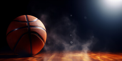 Ball on basketball court with spotlight , 3d illustration. - obrazy, fototapety, plakaty