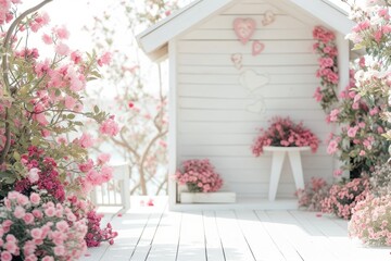 Fototapeta na wymiar Beautiful spring flowers in vase on white wooden chair, interior design