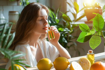 Woman inhaling lemon essential oil from a dropper bottle, surrounded by citrus fruits and plants, concept of natural aromatherapy.