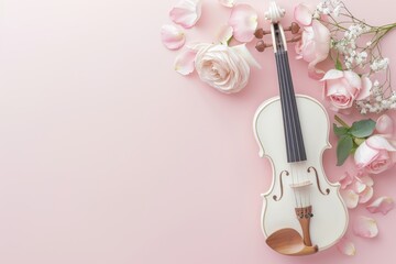 Creative layout made of flowers and violin on pink background. Vector illustration.