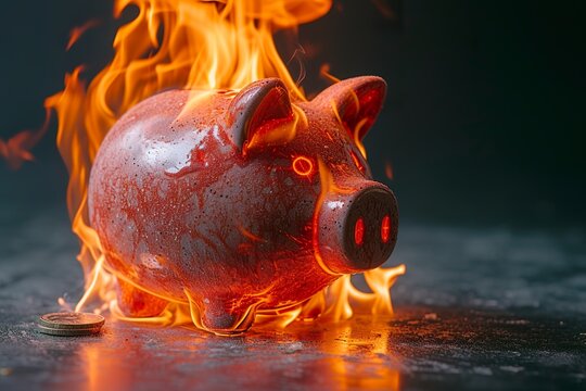 A burning piggy bank evokes a powerful image of financial loss and uncertainty on a pastel blue background. Burning piggy bank symbolizing financial crisis.