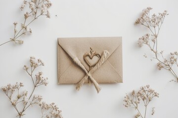 Valentine's day greeting card mockup, flat lay. Envelope with paper heart and dried flowers on white background.