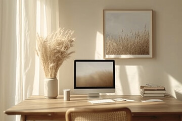 Minimalist Scandinavian Interior Home Office Room, Home Workstation Table Chair, Desk and Frame Interior Home living Room, Minimalist Scandinavian Plants Vase and Frame on wall sunlight from window